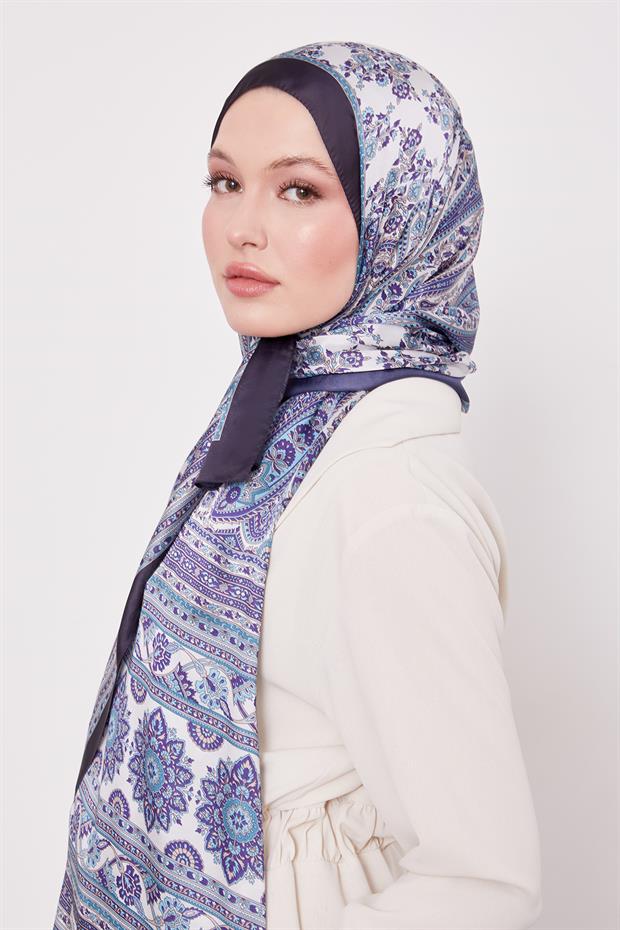 Lacivert Sarmal Desen Hint İpeği Şal