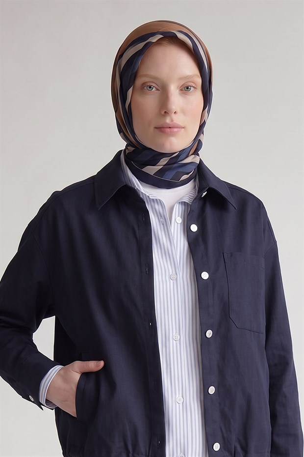 Şerit Detaylı Twill İpek Eşarp Lacivert