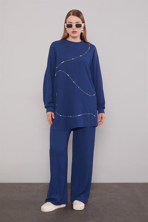 Lacivert Şerit Taş Detaylı İkili Takım