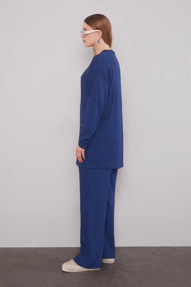 Lacivert Şerit Taş Detaylı İkili Takım