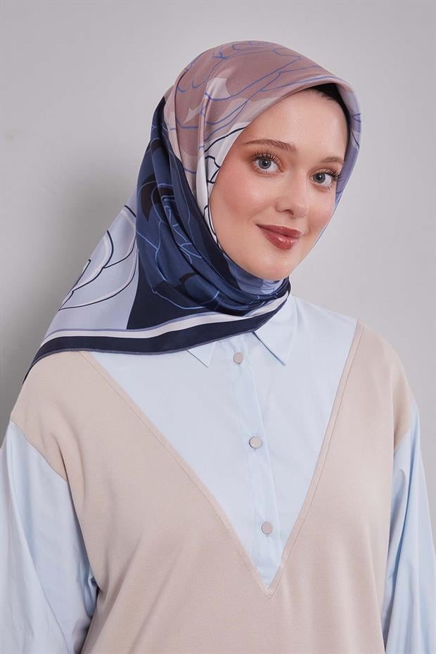 Lacivert Soyut Çiçek Twill İpek Eşarp