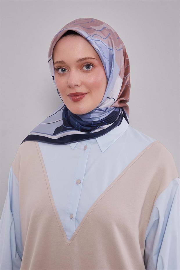 Lacivert Soyut Çiçek Twill İpek Eşarp