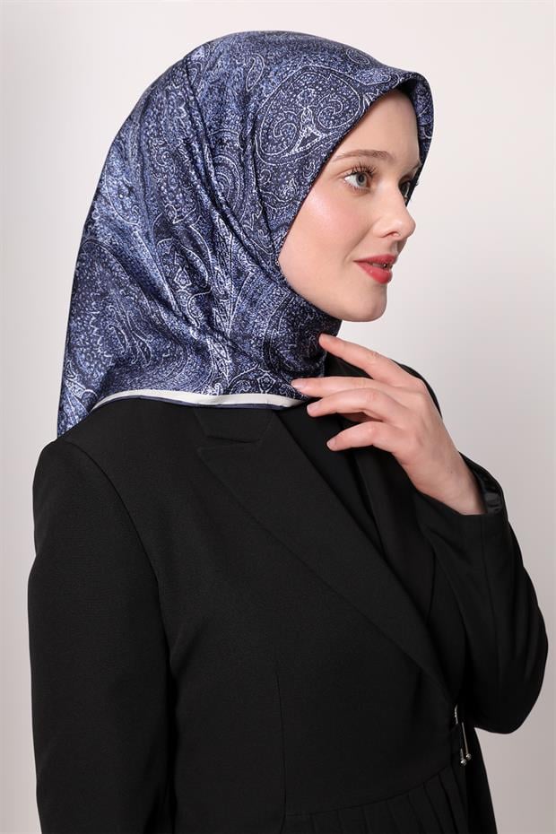 Lacivert Soyut Etnik Desen Twill İpek Eşarp