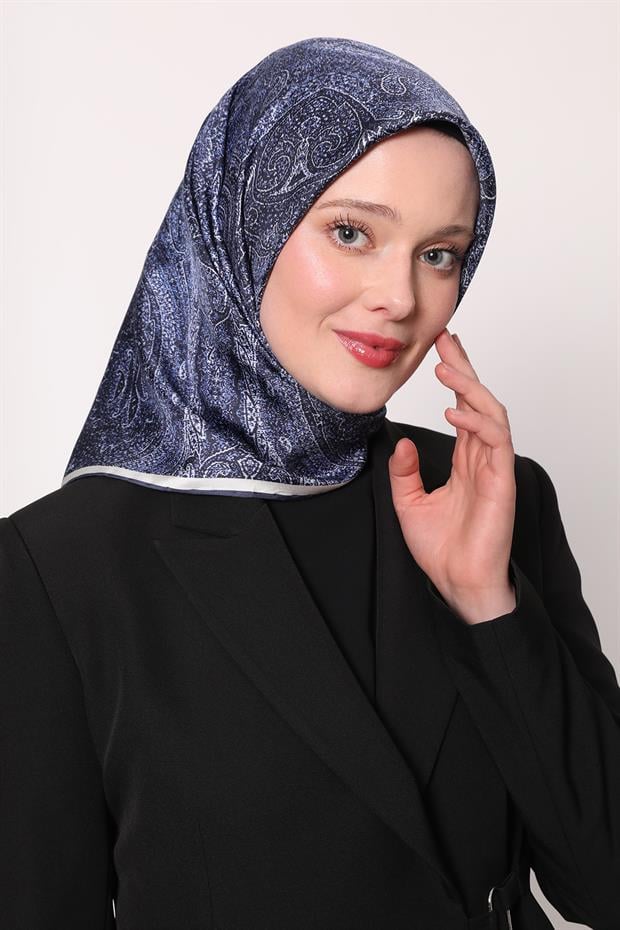 Lacivert Soyut Etnik Desen Twill İpek Eşarp