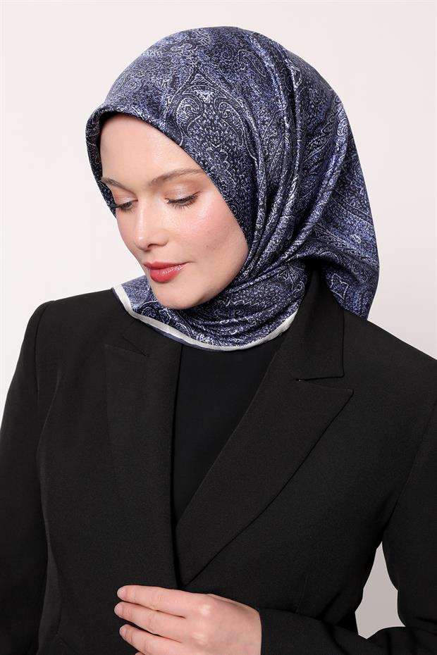 Lacivert Soyut Etnik Desen Twill İpek Eşarp