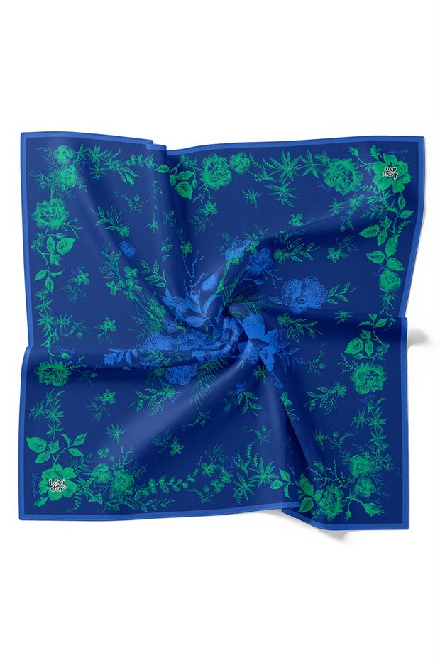 Lacivert Soyut Gül Desen Twill İpek Eşarp