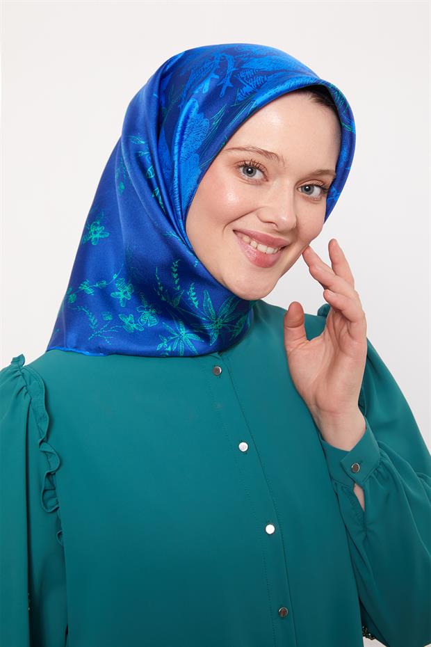 Lacivert Soyut Gül Desen Twill İpek Eşarp