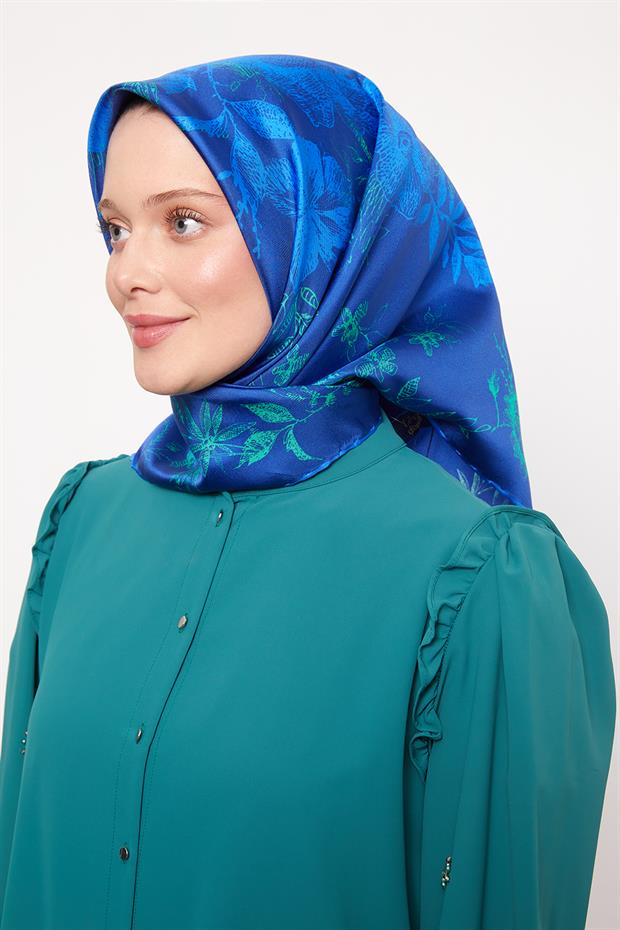 Lacivert Soyut Gül Desen Twill İpek Eşarp