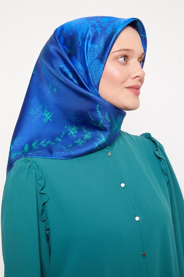 Lacivert Soyut Gül Desen Twill İpek Eşarp