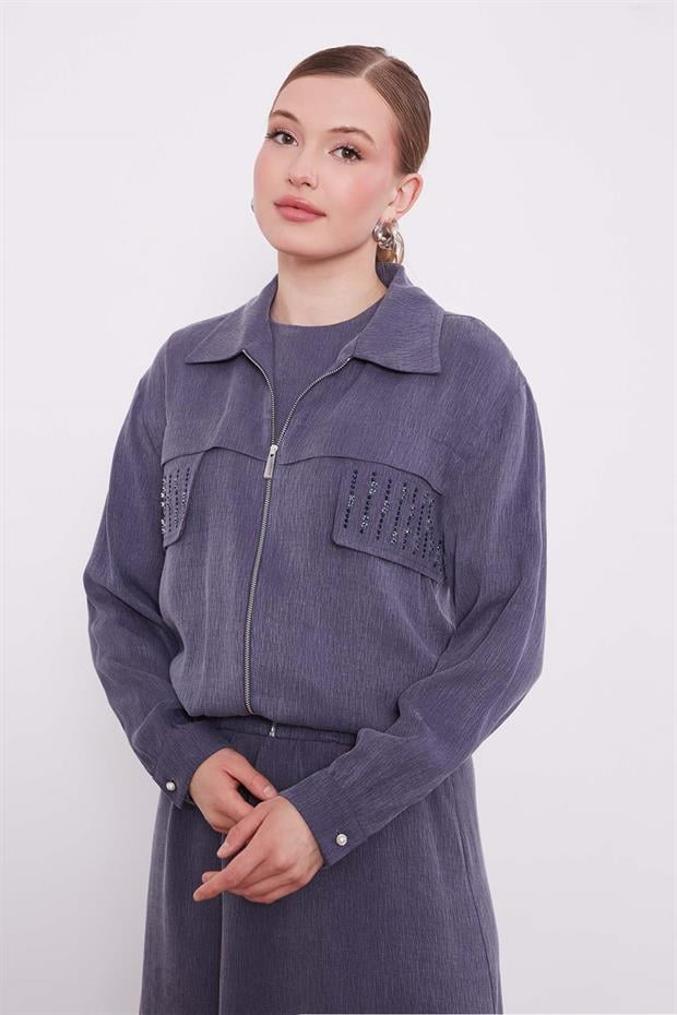 Lacivert Taş Detaylı Fermuarlı Ceket Takım