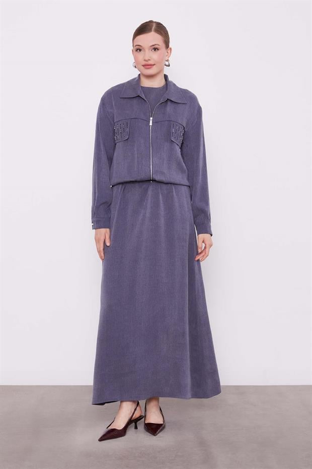 Lacivert Taş Detaylı Fermuarlı Ceket Takım