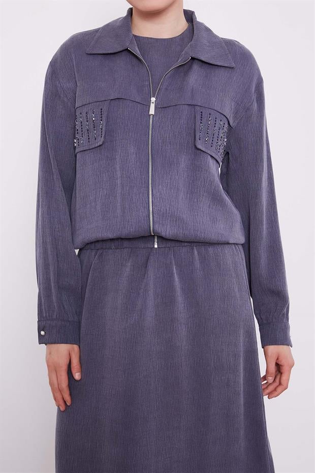 Lacivert Taş Detaylı Fermuarlı Ceket Takım