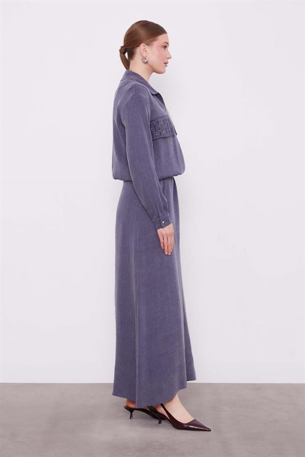 Lacivert Taş Detaylı Fermuarlı Ceket Takım