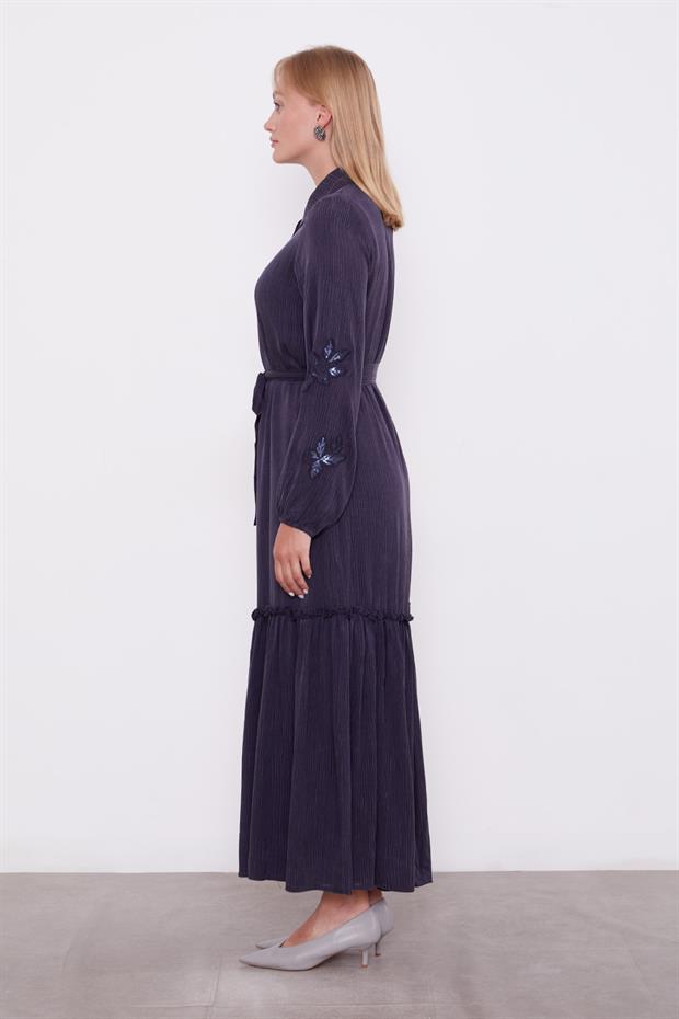 Lacivert Taş İşleme Detaylı Cupra Elbise