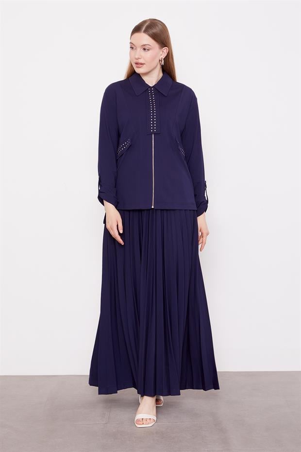 Lacivert Taş Yaka Detay Piliseli Etek Takım