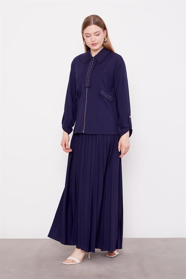 Lacivert Taş Yaka Detay Piliseli Etek Takım