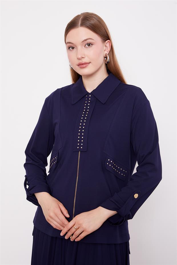 Lacivert Taş Yaka Detay Piliseli Etek Takım