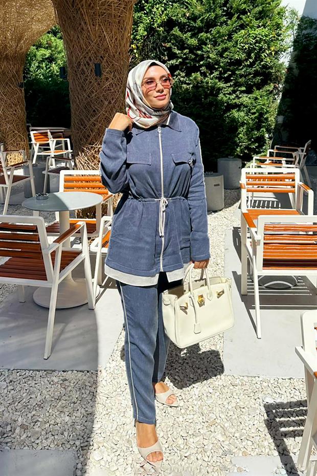 Lacivert Taşlı Şerit Detaylı İkili Takım