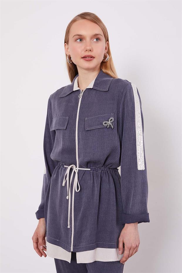 Lacivert Taşlı Şerit Detaylı İkili Takım