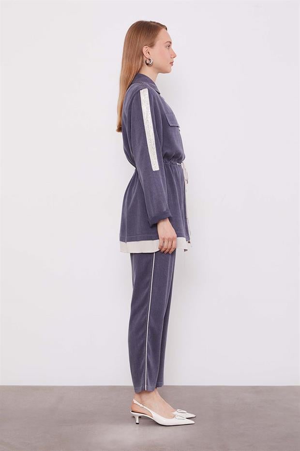 Lacivert Taşlı Şerit Detaylı İkili Takım