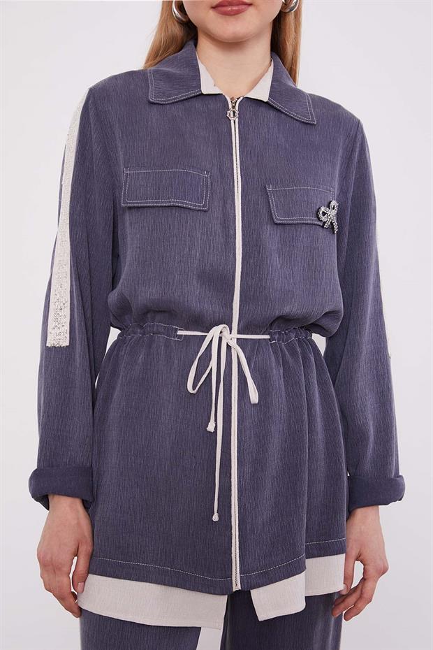 Lacivert Taşlı Şerit Detaylı İkili Takım