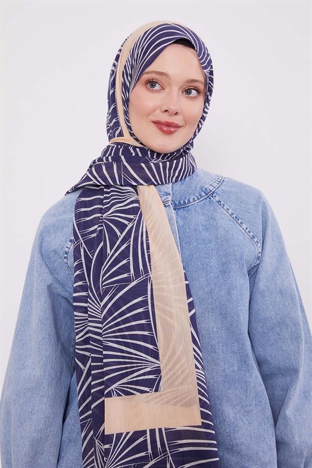 Lacivert Tropikal Pamuklu Şal