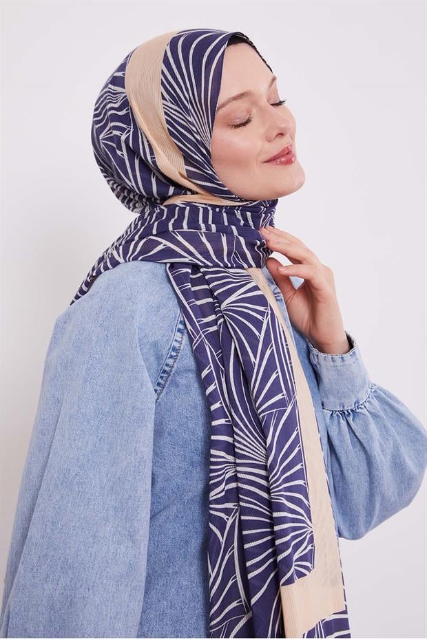 Lacivert Tropikal Pamuklu Şal