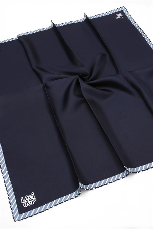 Lacivert Kenar Çizgili Twill İpek Eşarp