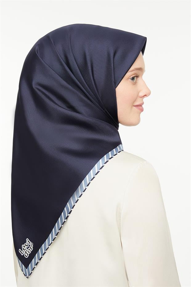 Lacivert Kenar Çizgili Twill İpek Eşarp
