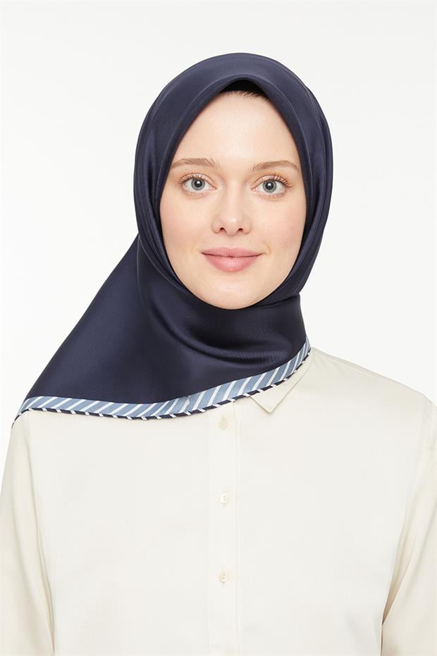 Lacivert Kenar Çizgili Twill İpek Eşarp