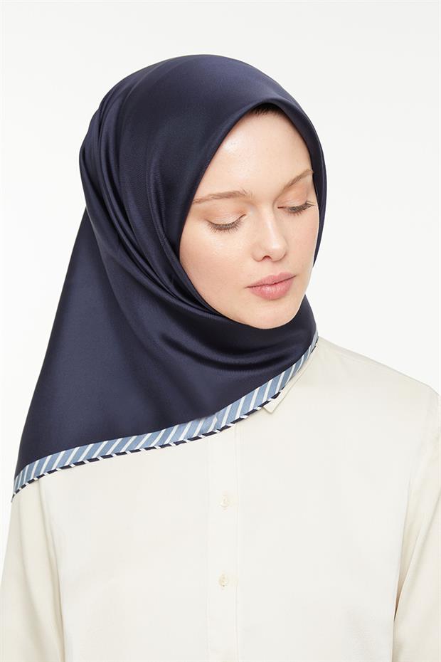 Lacivert Kenar Çizgili Twill İpek Eşarp