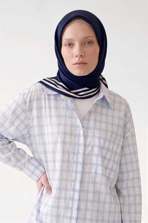 Lacivert Üç Çizgi Detaylı Twill İpek Eşarp
