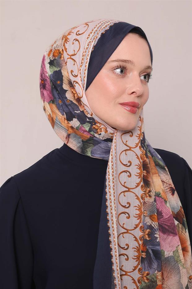 Lacivert Varak Desen Pamuk Şal