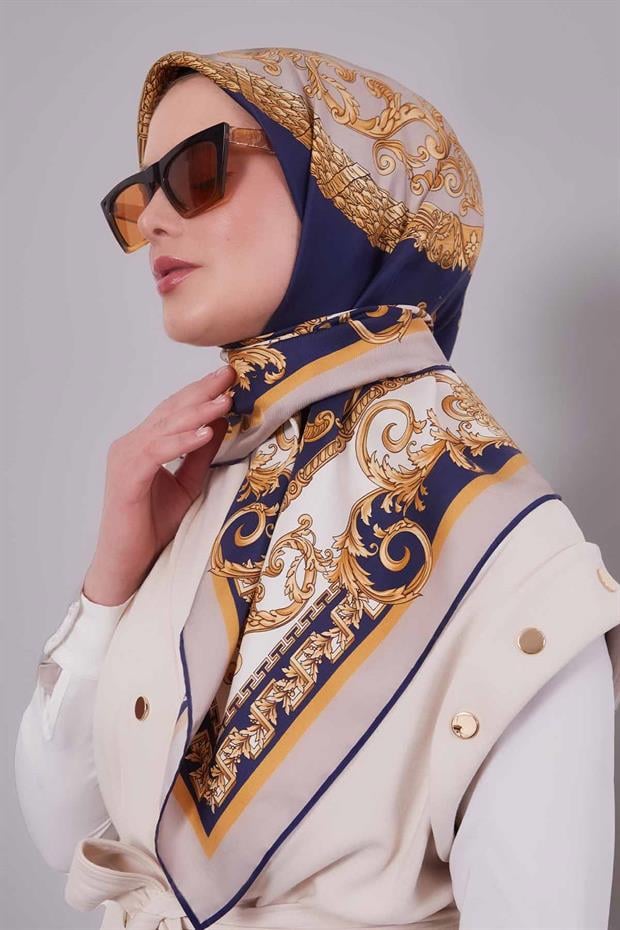 Lacivert Varak Desen Twill İpek Eşarp