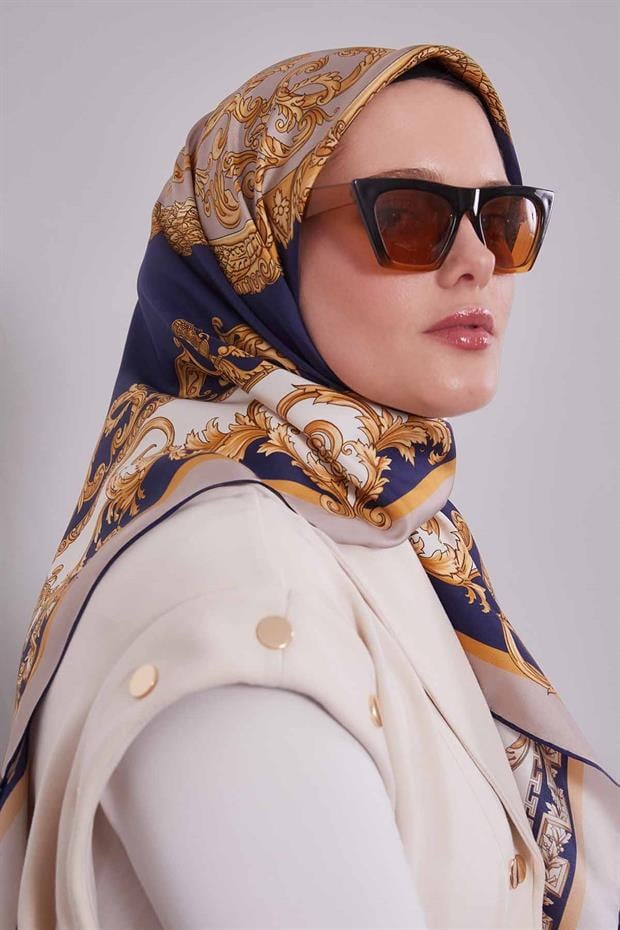 Lacivert Varak Desen Twill İpek Eşarp