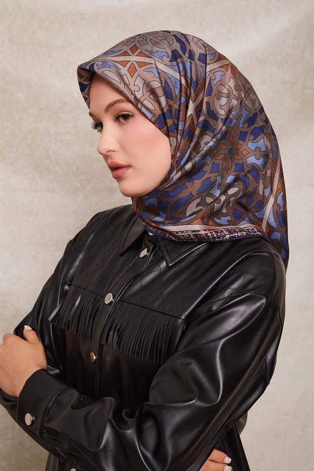 Lacivert Vectör Desen Twill İpek Eşarp