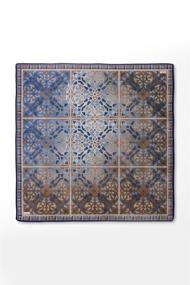 Lacivert Vectör Desen Twill İpek Eşarp