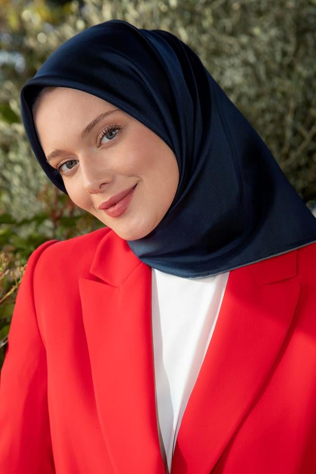 Lacivert Vizon Çift Taraflı Twill İpek Eşarp