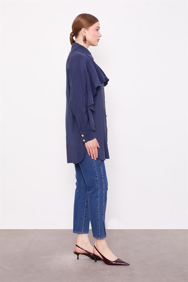 Lacivert Volan Detaylı Gömlek