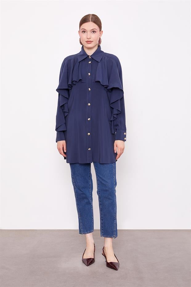 Lacivert Volan Detaylı Gömlek