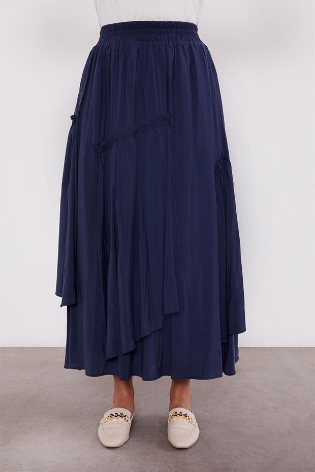 Lacivert Yakası Dantel Detaylı Etek Takım