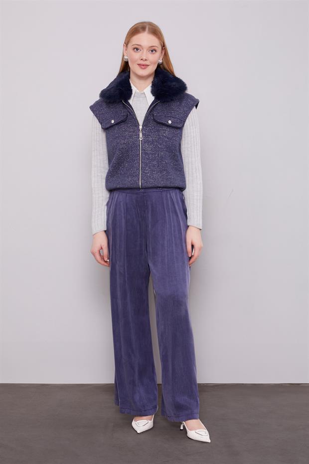 Lacivert Yakası Kürk Detaylı Kaşmir Yelek