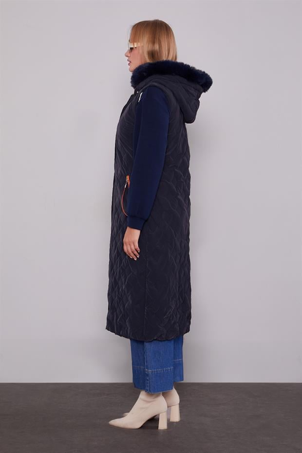 Lacivert Yakası Kürklü Yelek