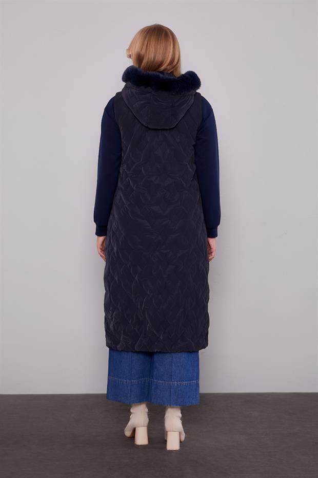 Lacivert Yakası Kürklü Yelek