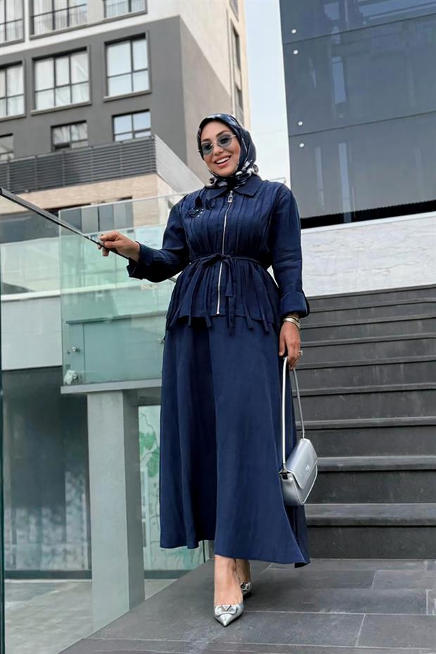 Lacivert Yakası Taş Detaylı Cupra Etek Takım