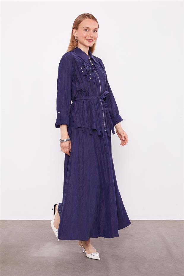 Lacivert Yakası Taş Detaylı Cupra Etek Takım