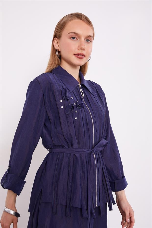 Lacivert Yakası Taş Detaylı Cupra Etek Takım