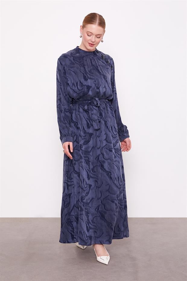 Lacivert Yakası Taş Detaylı Cupra Elbise