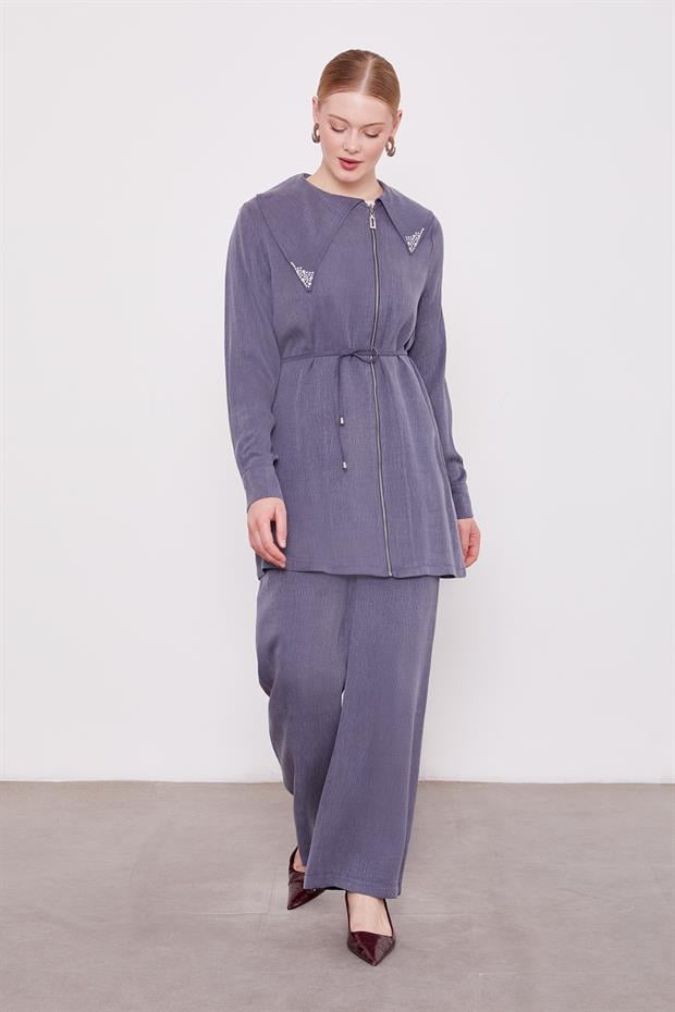 Lacivert Yakası Taşlı Cupra İkili Takım