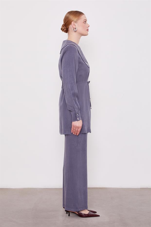 Lacivert Yakası Taşlı Cupra İkili Takım